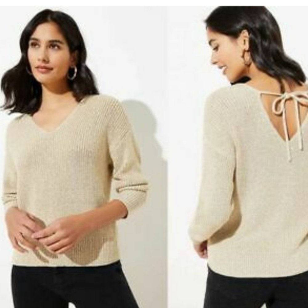 LOFT Gold Double V Neck Tie Back Sweater